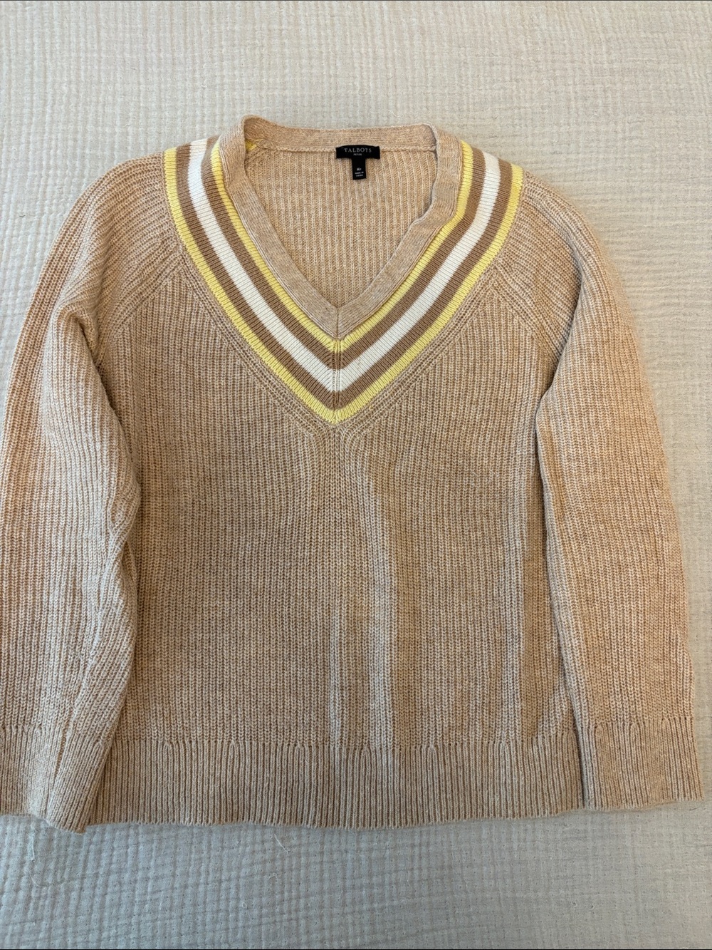 Talbots Tan V-Neck Sweater with Yellow & White Stripe Trim